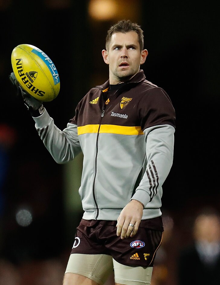 AFL 2016 Rd 17 - Sydney v Hawthorn SYDNEY, AUSTRALIA - JULY 14: Luke Hodge of the Hawks looks on during the 2016 AFL Round 17 match between the Sydney Swans and the Hawthorn Hawks at the Sydney Cricket Ground on July 14, 2016 in Sydney, Australia. (Photo by Michael Willson/AFL Media)